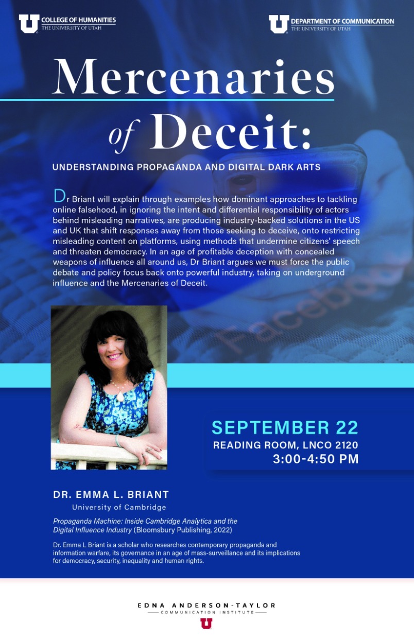 Emma Briant's flyer of Mercenaries of Deceit event
